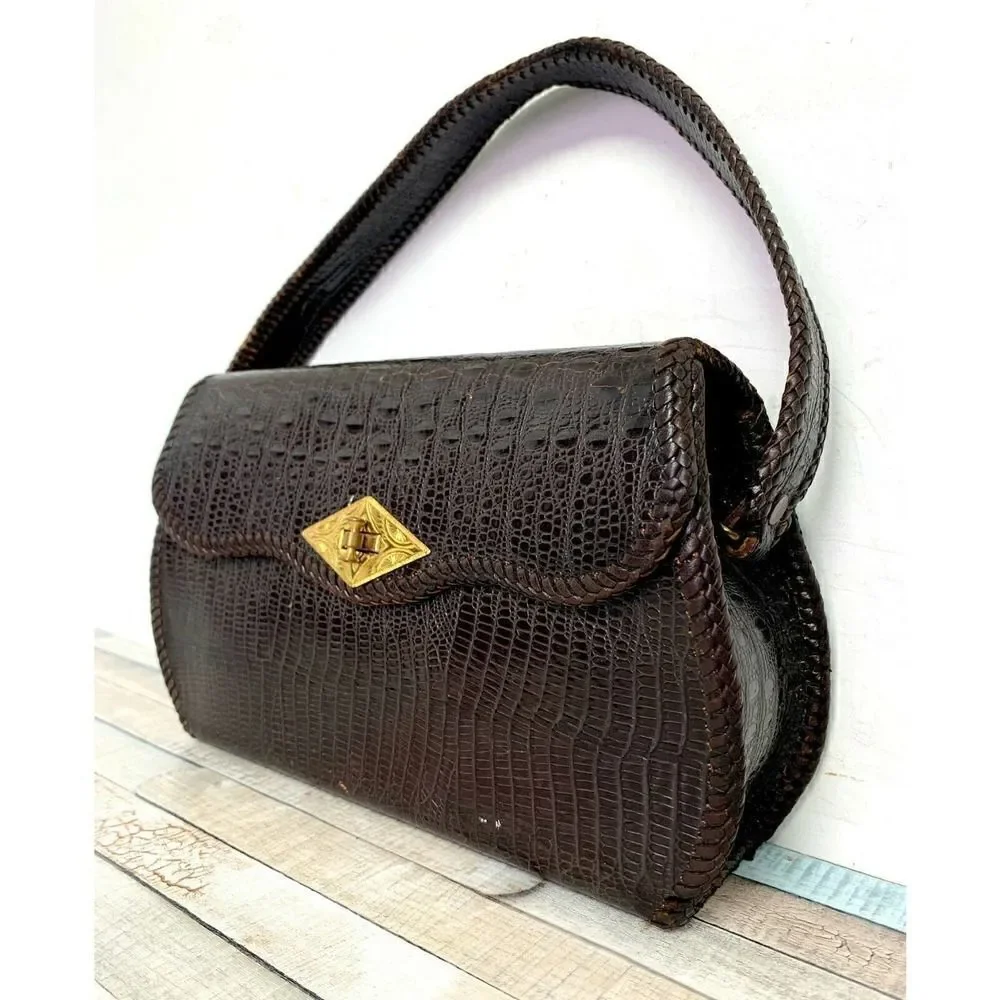 TRUE VINTAGE CROCO BROWN GENUINE LEATHER FLAP TURN LOCK HANDBAG PURSE POCKETBOOK